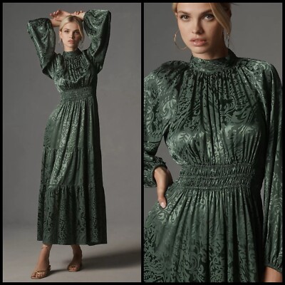 the somerset maxi dress mock neck edition Anthropologie Somerset Maxi Dress Mock Neck MEDIUM Green Satin Long Sleeve  NWT
