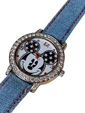 Disney Watch Americana Mickey Mouse Patriotic Rhinestones Denim Accutime
