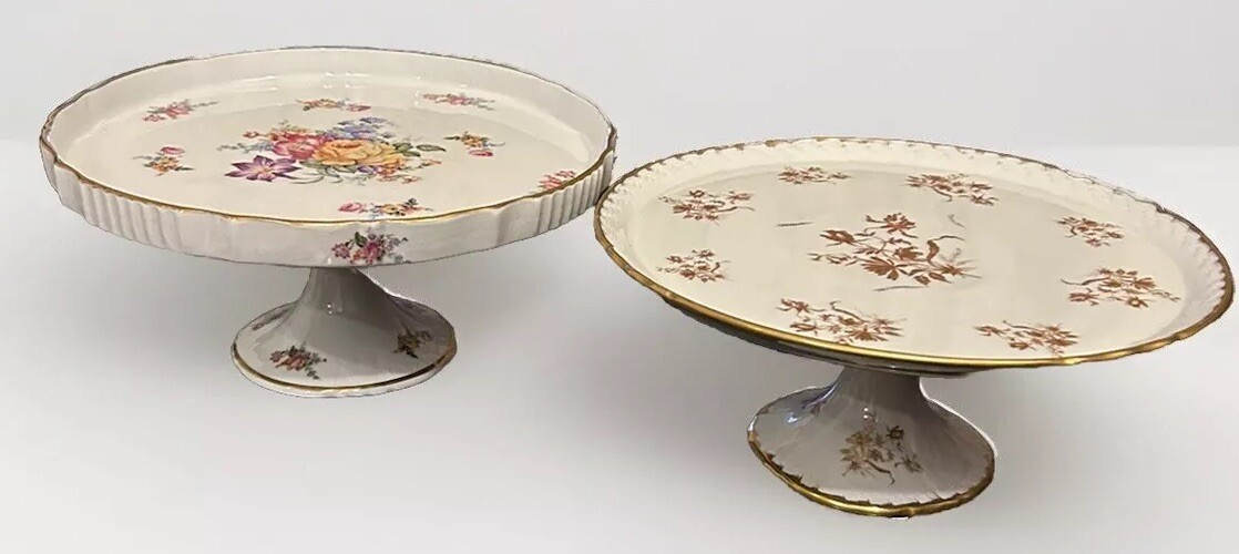 Vintage Floral Cake Stands Set of 2 with Gold Trim - Like New