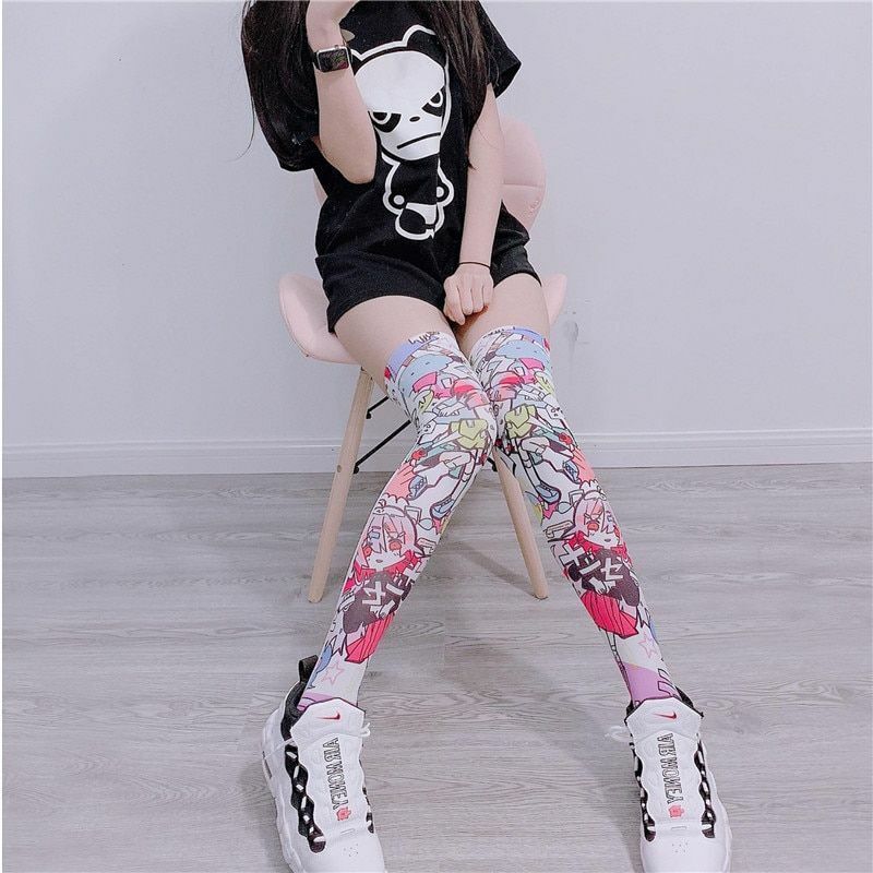 Cute Women Pastel Pink Stockings Anime Girl Print Thigh High Cosplay Egirl  Socks | eBay