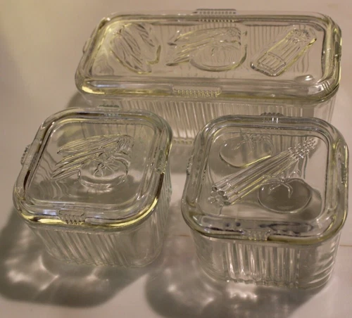 Vintage 3 Federal Clear Glass Refrigerator Dishes (2) 4" Square (1) 8 1/2" x 4"