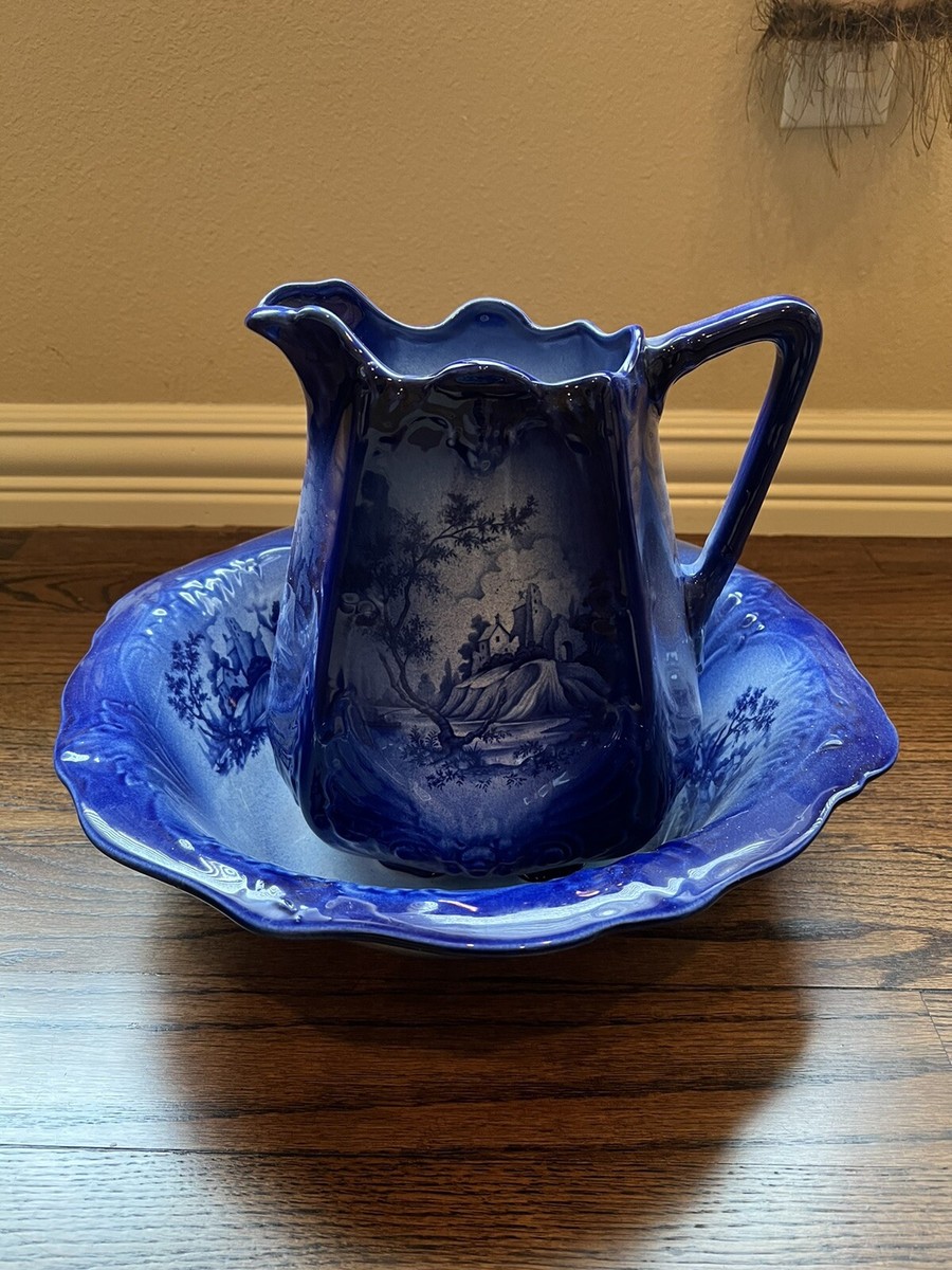 Vintage Empress Staffordshire England Flow Blue Pitcher and Bowl