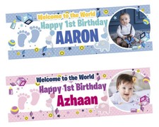 2 Personalised 1st Birthday Banner Photo Baby Celebration Party Decoration