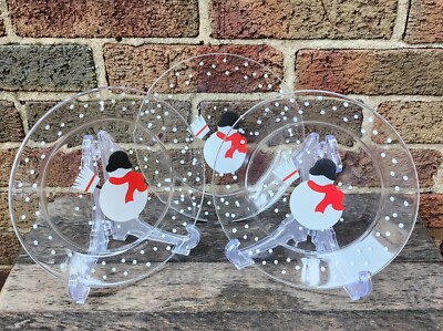 3 Crate & Barrel Christmas Luminarc Clear Glass Snowman DESSERT LUNCH PLATES