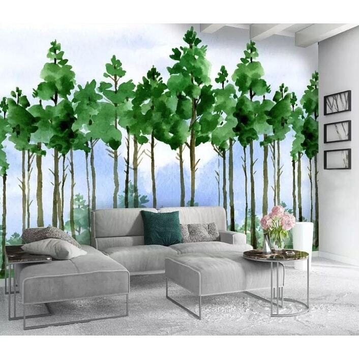 Forest Cartoon Poplar Tree Landscape Removable Wallpaper Green H98" x