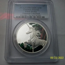 2014  1 oz Silver Unicorn colorized PCGS  PR 70 DCAM First Strike Rare Low Pop