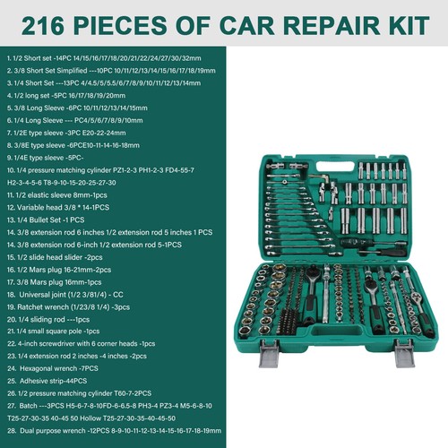 216PCS Socket Set Kit Mechanics Tool Ratchet Wrench Car Repair Tool Set W/ Case - Picture 2 of 13