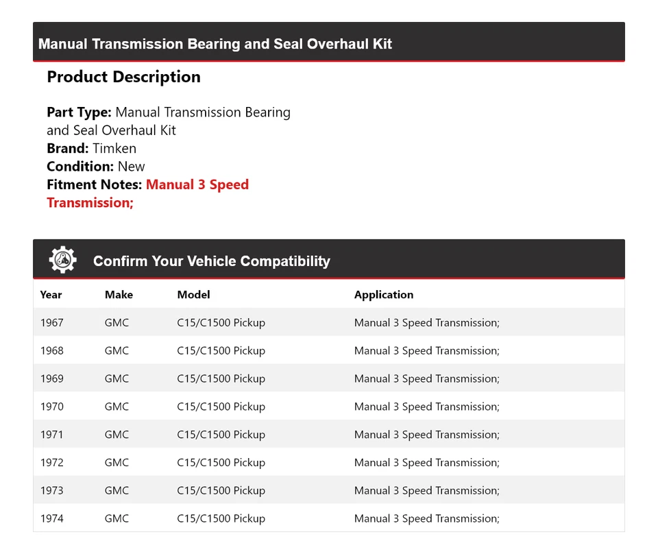 Kit de revisión manual de rodamientos y sellos Timken para camioneta GMC C15/C1500 67-74 Foto 2 de 3