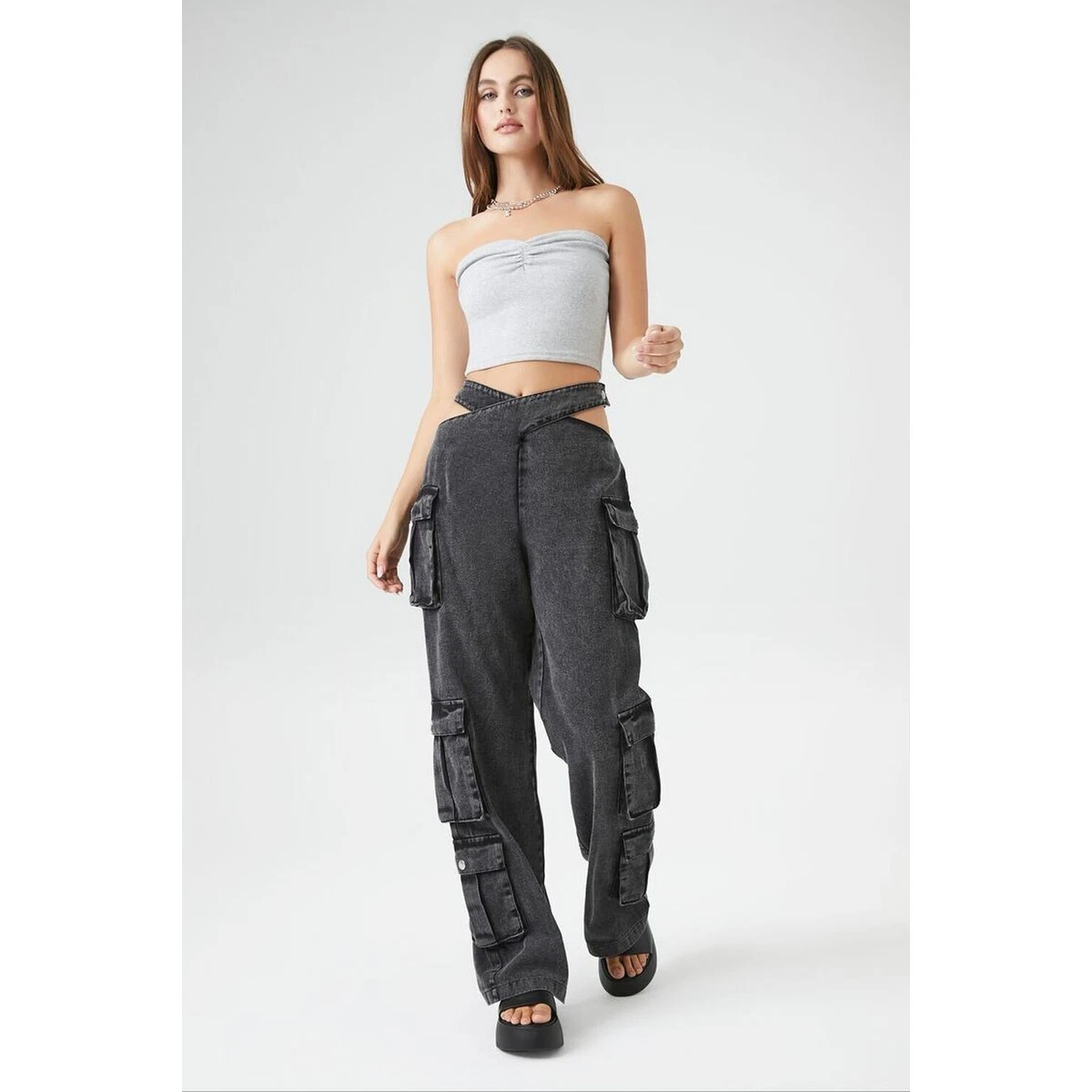 NWT FOREVER 21 Cutout Crisscross Twill Cargo Pants Size L Color Black