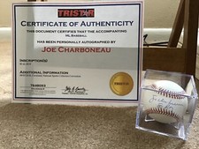 JOE CHARBONEAU Autographed Baseball 1980 ROOKIE OF THE YEAR A.L. (With Holder!)