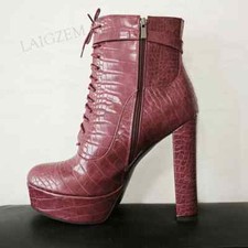 Women Ankle Boots Platform Zip Up Thick High Heels Crocodile Print Short Booties