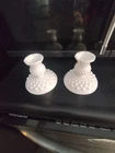 Set of 2 Vintage Fenton Hobnail Milk Glass Candlesticks Pair Candle Holders