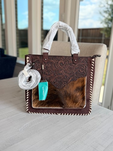 Trinity Ranch Cowhide & Tooled Leather Tote Bag Coffee