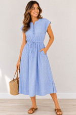 Free Assembly Blue White Stripe Midi Dress Women’s M Tie Waist Cap Sleeve