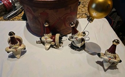 RARE! VINTAGE 1995 TANTA KLAUS SET 4 SANTA AND 1 GLOBE ORNAMENTS NEW IN HAT BOX