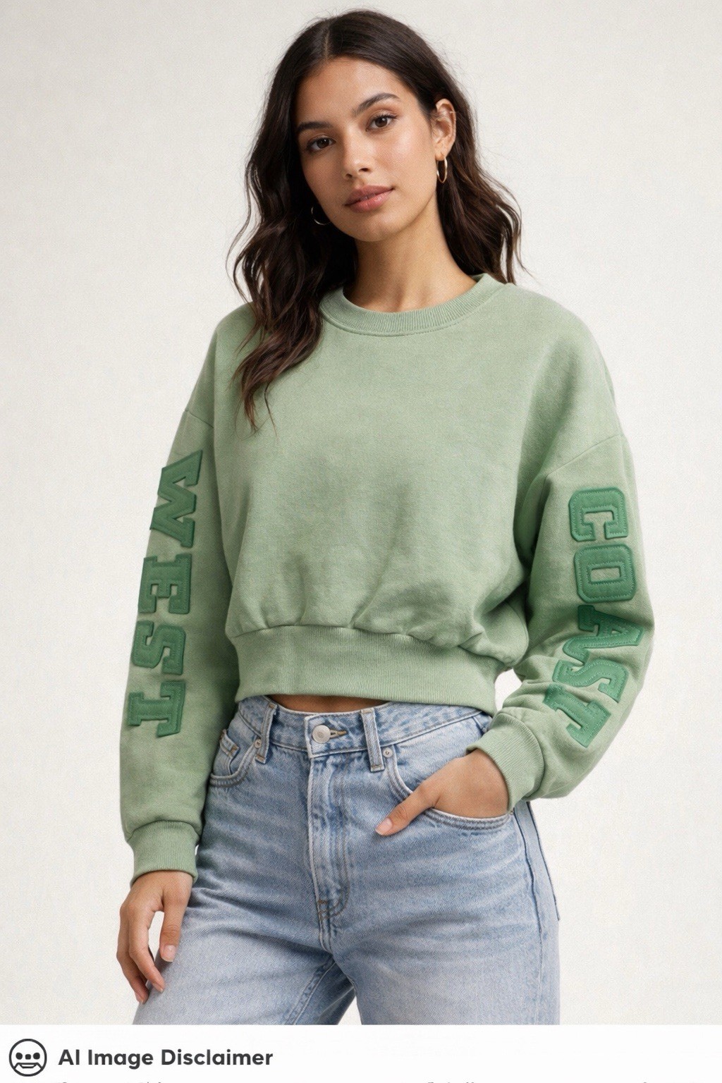 Cropped Sweatshirt  West & Coast Embossed Sleeves Size Large NEW Sage Green