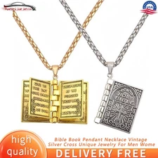 Bible Book Pendant Necklace Vintage Silver Cross Unique Jewelry For Men Women US