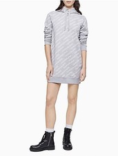 Calvin Klein Womens Allover Logo Print Hoodie Dress in Gray Sz XS