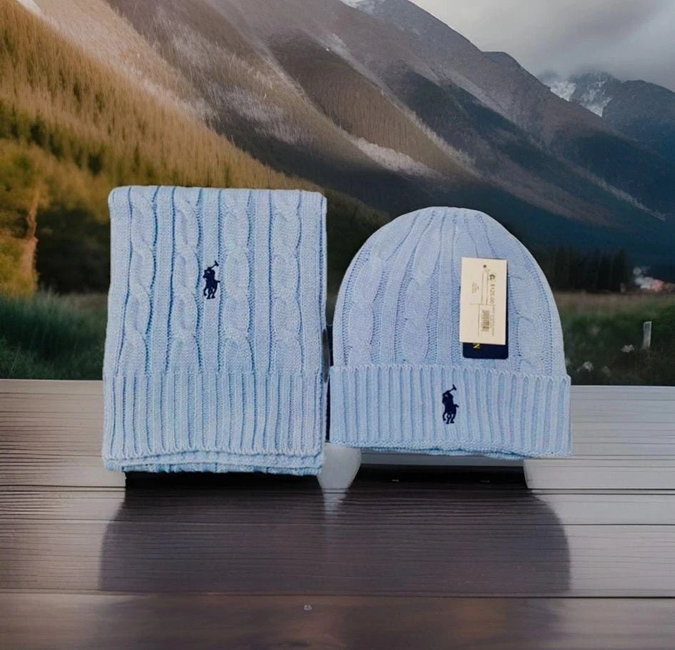 Ralph Lauren Sky Blue Cable Knit Beanie and Scarf Set