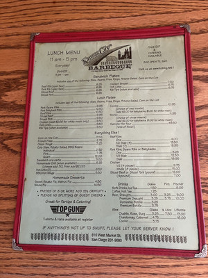 ORIGINAL KANSAS CITY BARBEQUE LUNCH MENU SAN DIEGO,CA. BEFORE BURNING DOWN