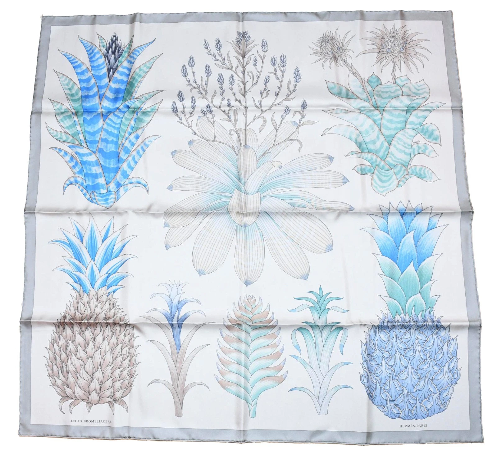 Hermes Scarf Index Bromeliaceae 90 cm silk gray blue Carre pineapple flower 35"