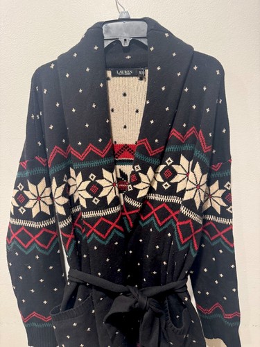 Lauren Ralph Lauren Fair Isle Belted Cardigan Shawl Collar Wool Sweater Size XL - Picture 8 of 9