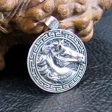 Solid 925 Sterling Silver Greek Key Horse Head Pendant - Equestrian Jewelry