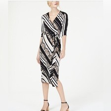 INC International Concepts Striped Long Sleeve Dress Faux-Wrap Dress - Size L