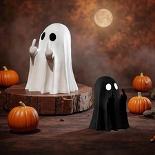 2Pcs/Set Cute Middle Finger Ghost Statue Small Halloween Decor Black  White