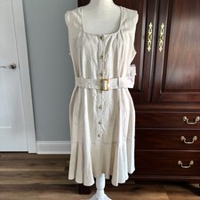 NANETTE LEPORE Tan Belted A-line Dress Sleeveless Linen Summer Classic 10