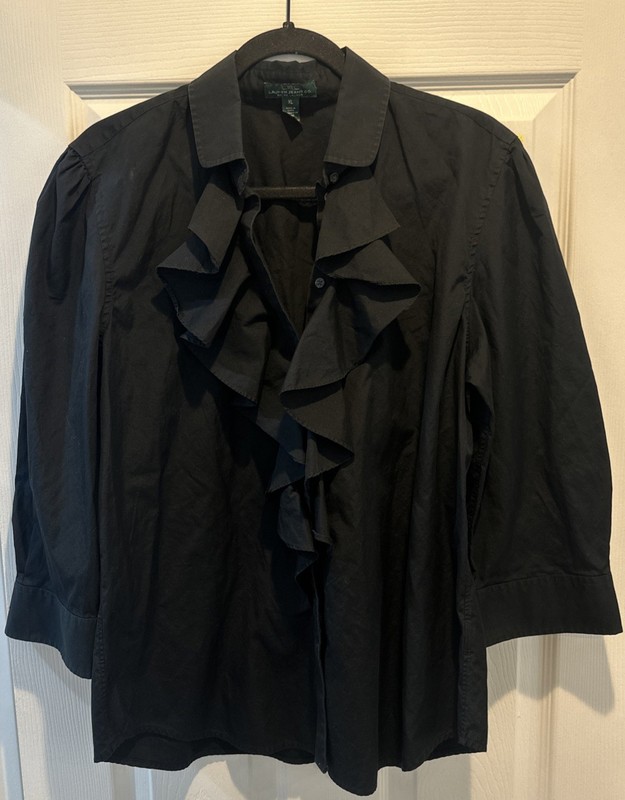 Lauren Jeans Ralph Lauren Cotton Button Down Blouse Black Size XL Ruffle Detail