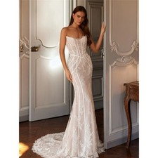 Strapless Corset Mermaid Wedding Dresses Sheer Floral Lace Beaded Bridal Gowns