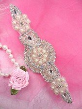XR78 SILVER PEARL BEADED CRYSTAL RHINESTONE APPLIQUE 6"   GLORY'S  HOUSE : 