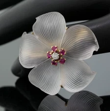Tiffany & Co. Diamond, Ruby, & Carved Rock Crystal Flower Brooch 14K Yellow Gold
