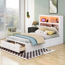 Full/Queen Size Wooden Platform Bed Frame w/ Storage & 2 Drawers & LED Lights