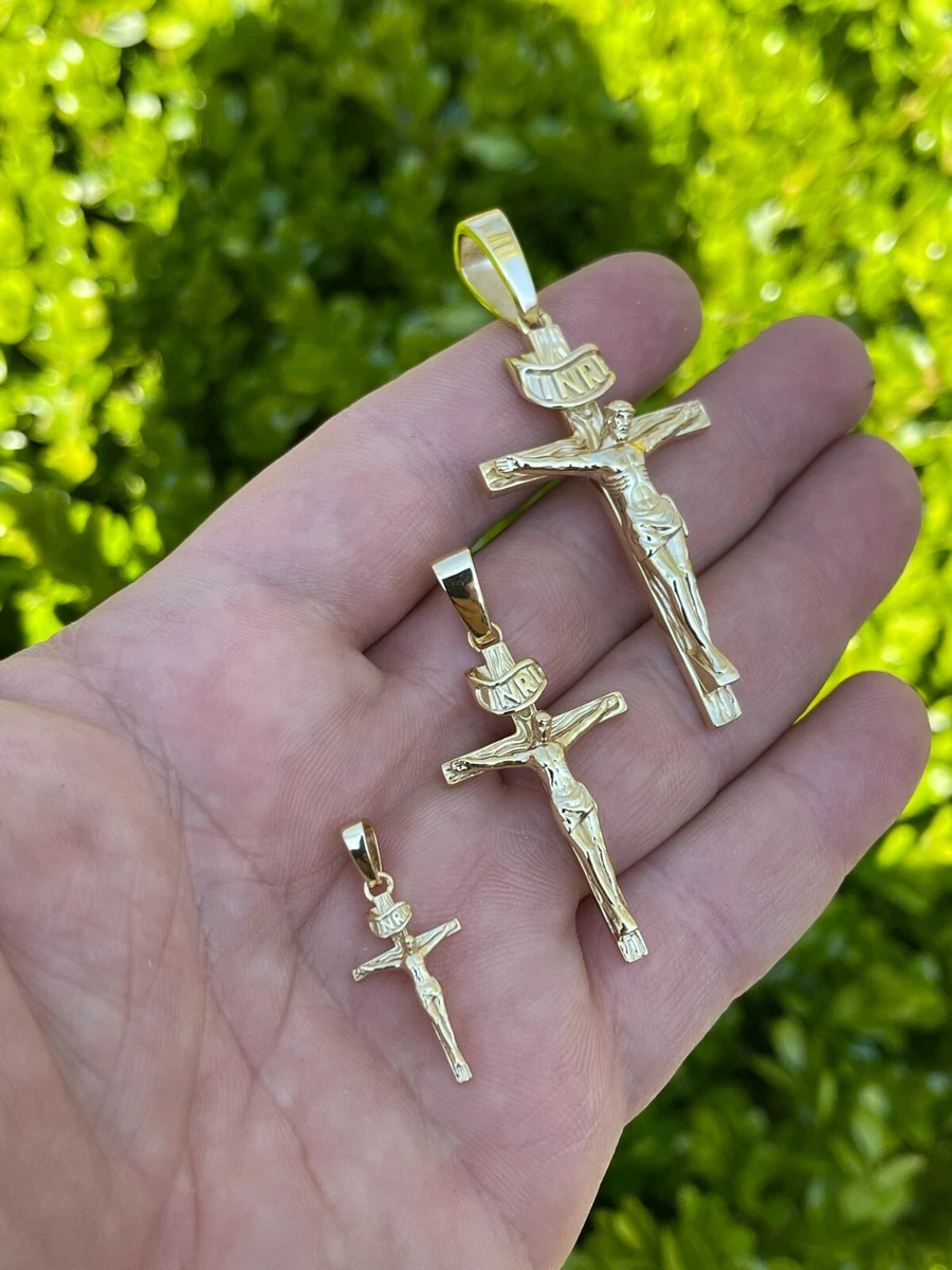 14k Gold Plated Solid 925 Silver Cross Jesus Piece Crucifix Pendant  Necklace