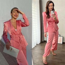 Satin Women Suits 2 Pcs With Belt Casual Prom Business Party Ladies Silk Outfit