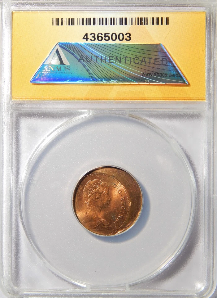 1980 Canada 1 Cent Struck 20% Off Center ANACS MS-62 RB 1c - Image 2 of 4