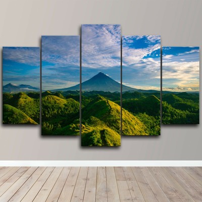 Mountains Green Hills Sky Clouds Beauty 5 Piece Canvas Wall Art Print Home Decor