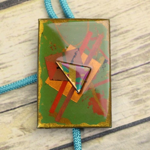 90s Abstract Bolo Tie Memphis Style OOAK Artist Signed Art Gold Green Collage - Picture 9 of 9