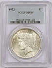 1923 Peace Silver Dollar Coin from the Philadelphia Mint, Graded MS64 by PCGS