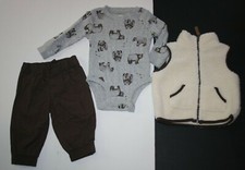 New Carter's 3m Boys 3 piece Outfit Set Sherpa Vest Bodysuit Top  Brown Pants