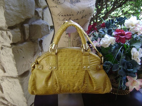 BRAHMIN Yellow Lisa Large Pleated Shoulder Bag Croc Emb Leather VTG