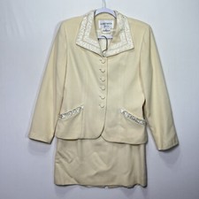Vintage Albert Nipon Ivory Suit Womens size 10 Wool Skirt Blazer Neiman Marcus