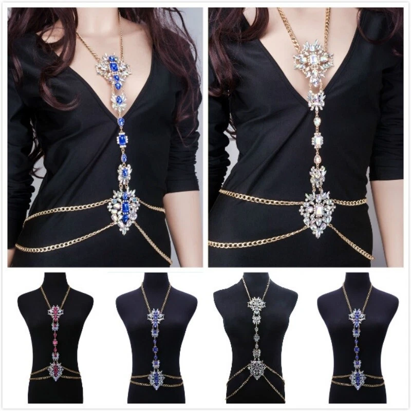 Women Lady Harness Belly Waist Body Chain Rhinestone Gem Bikini Necklace Jewelry - Image 2 of 4