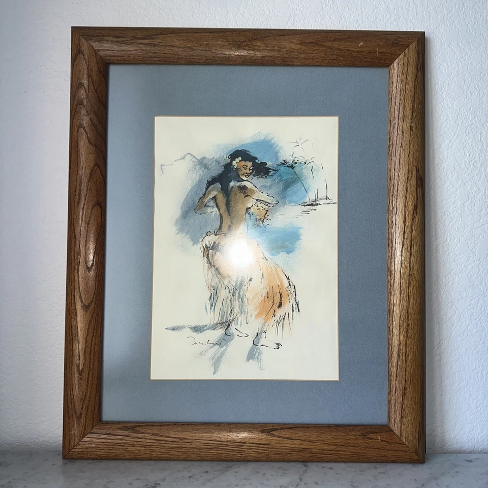 Pintura acuarela tinta vintage bailarina de Hula Hawaii hermosas mujeres firmadas Foto 2 de 4