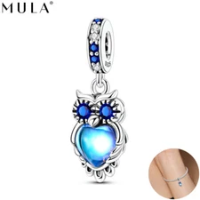 MULA 925 Sterling Silver Moonlight Stone Owl Pendant DIY Charm CZ For Bracelet