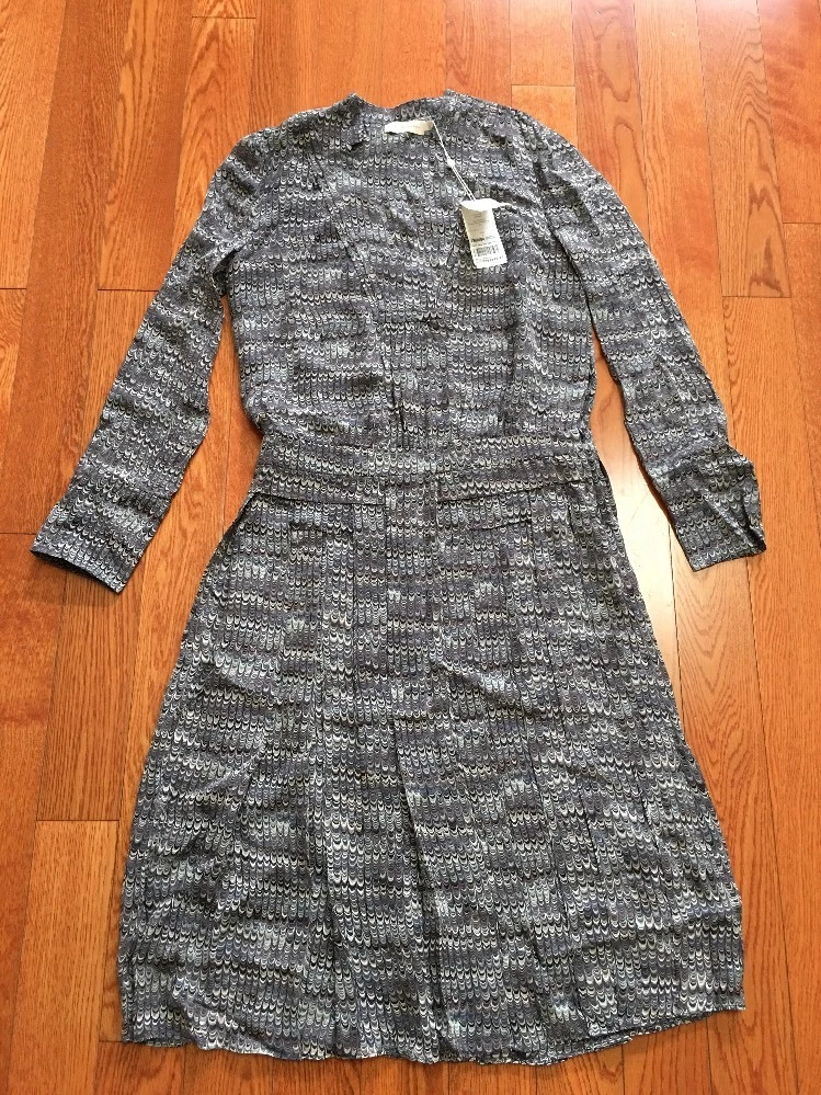 Abito a pieghe Tory Burch da donna grigio stampato in seta nuovo con etichette taglia 2