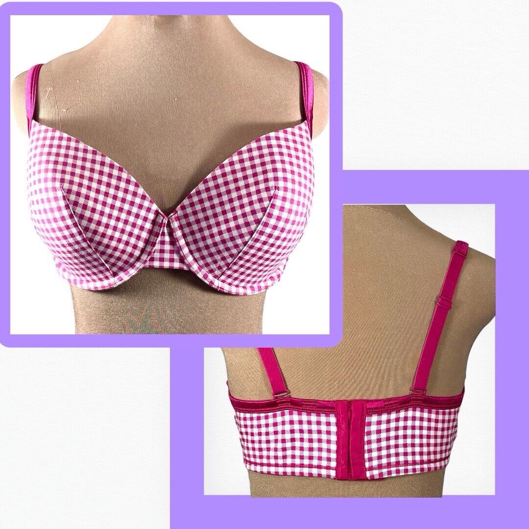 Cacique Pink Gingham Bra Size 42DD Check Full Coverage Adjustable Underwire