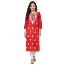 Red Hand Embroidered Cotton Kurta for Women Daily Wear Long Cotton Kurta